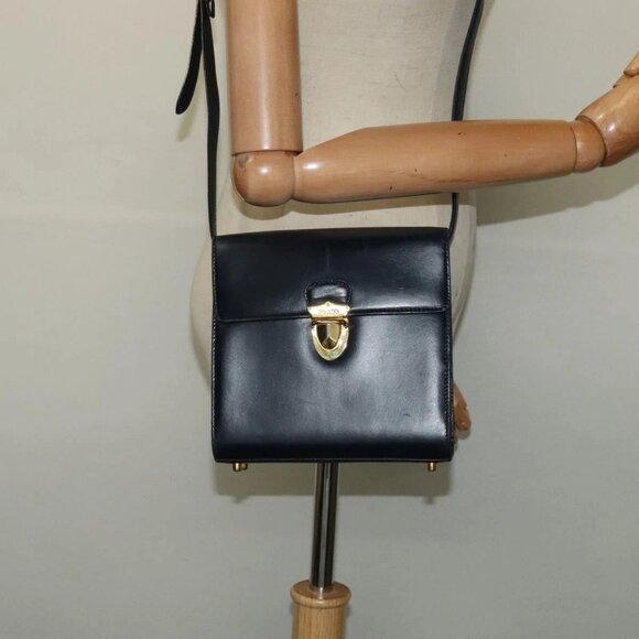 PRADA Shoulder Bag Leather Navy Gold Auth - Picture 1 of 15